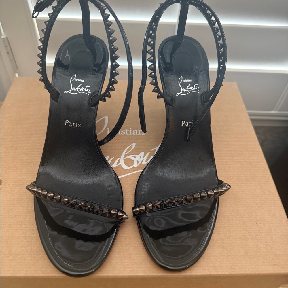 Christian Louboutin Black Patent Leather Studded Ankle-Strap Heels Size 37